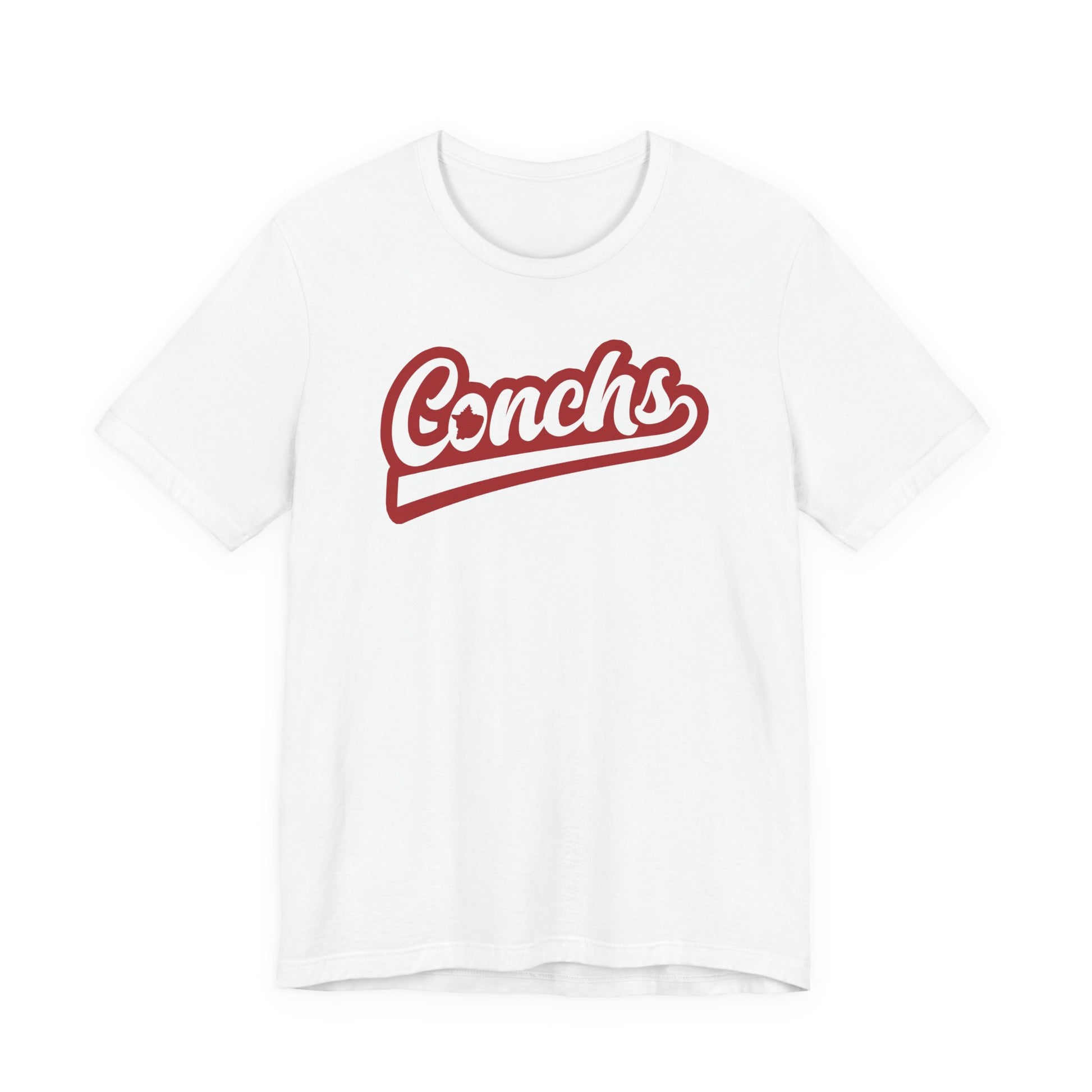 White t-shirt with red 'Conchs' text on a white background