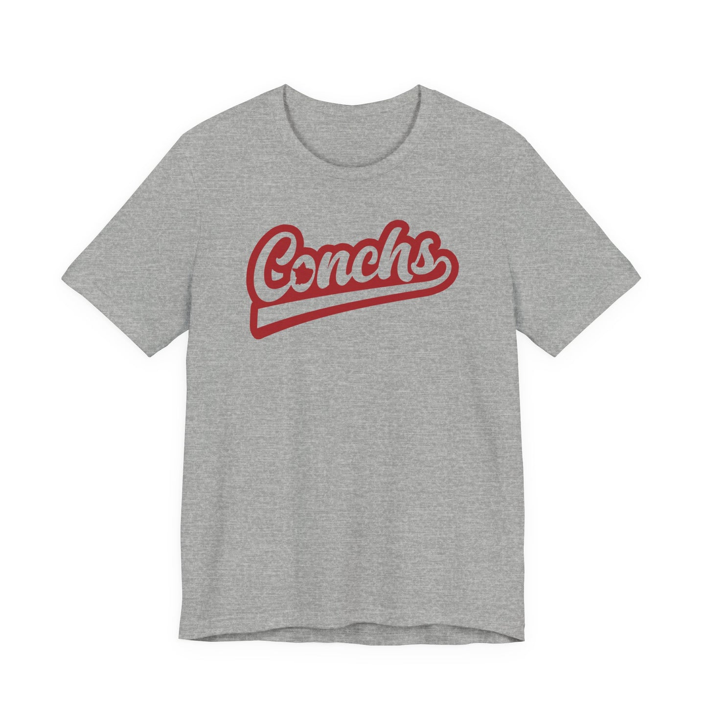 Gray t-shirt with red 'Conchs' text on a white background