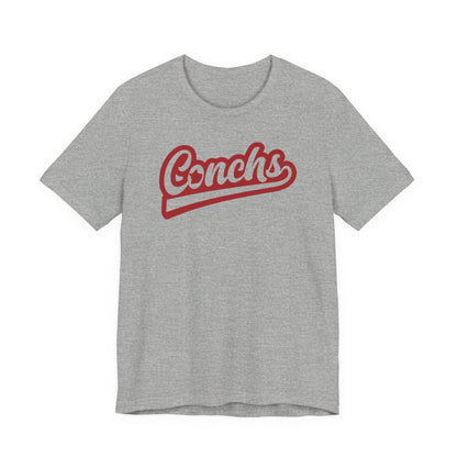 Gray t-shirt with red 'Conchs' text on a white background