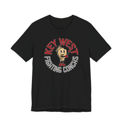 Black t-shirt with 'Key West Fighting Conchs' graphic design on a white background