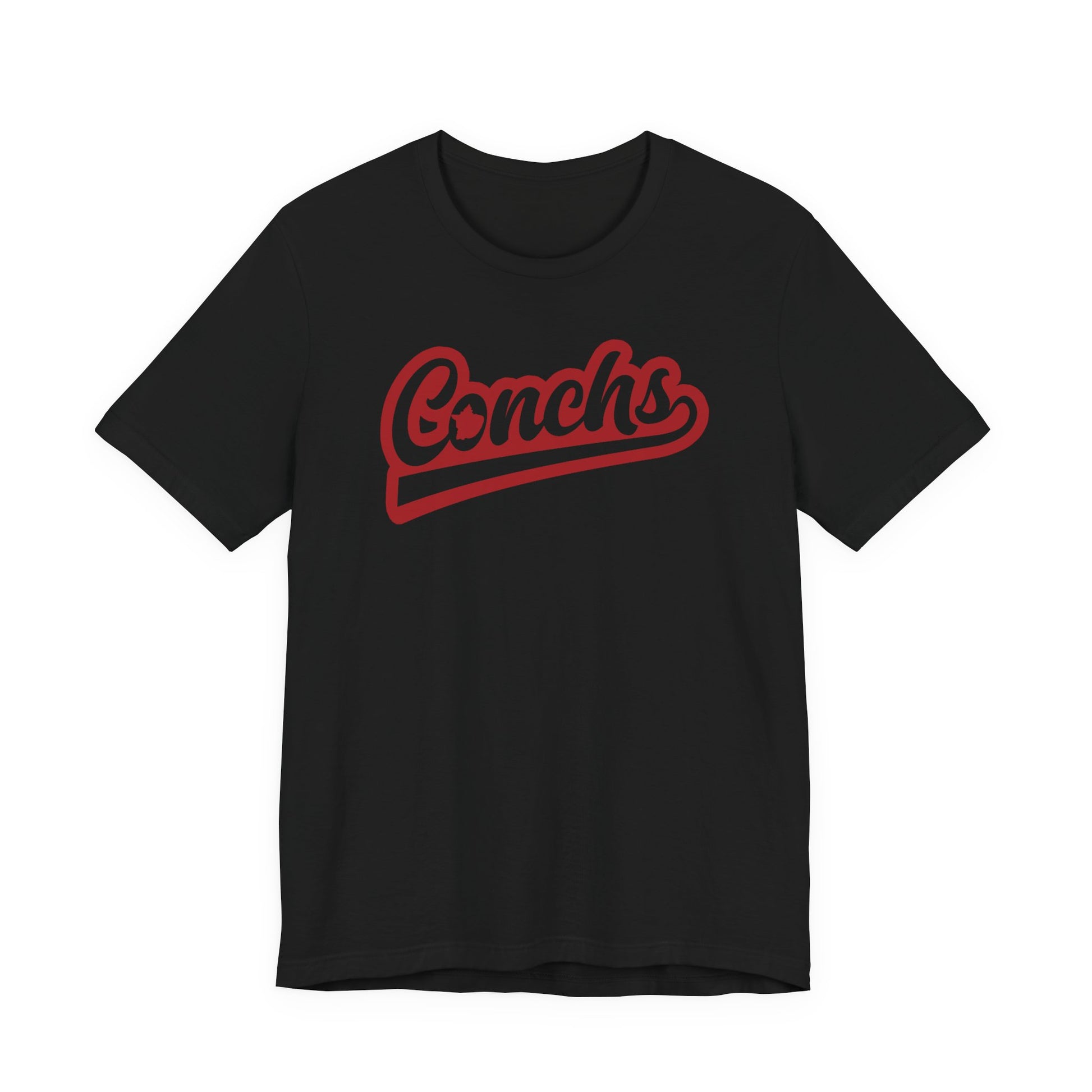 Black t-shirt with red 'Conchs' text on a white background