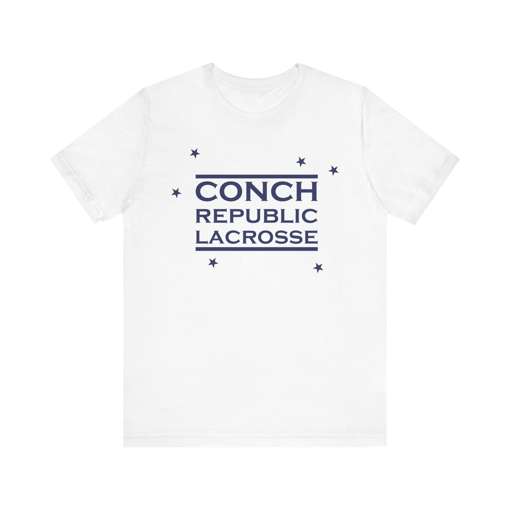 White t-shirt with 'Conch Republic Lacrosse' text on a white background