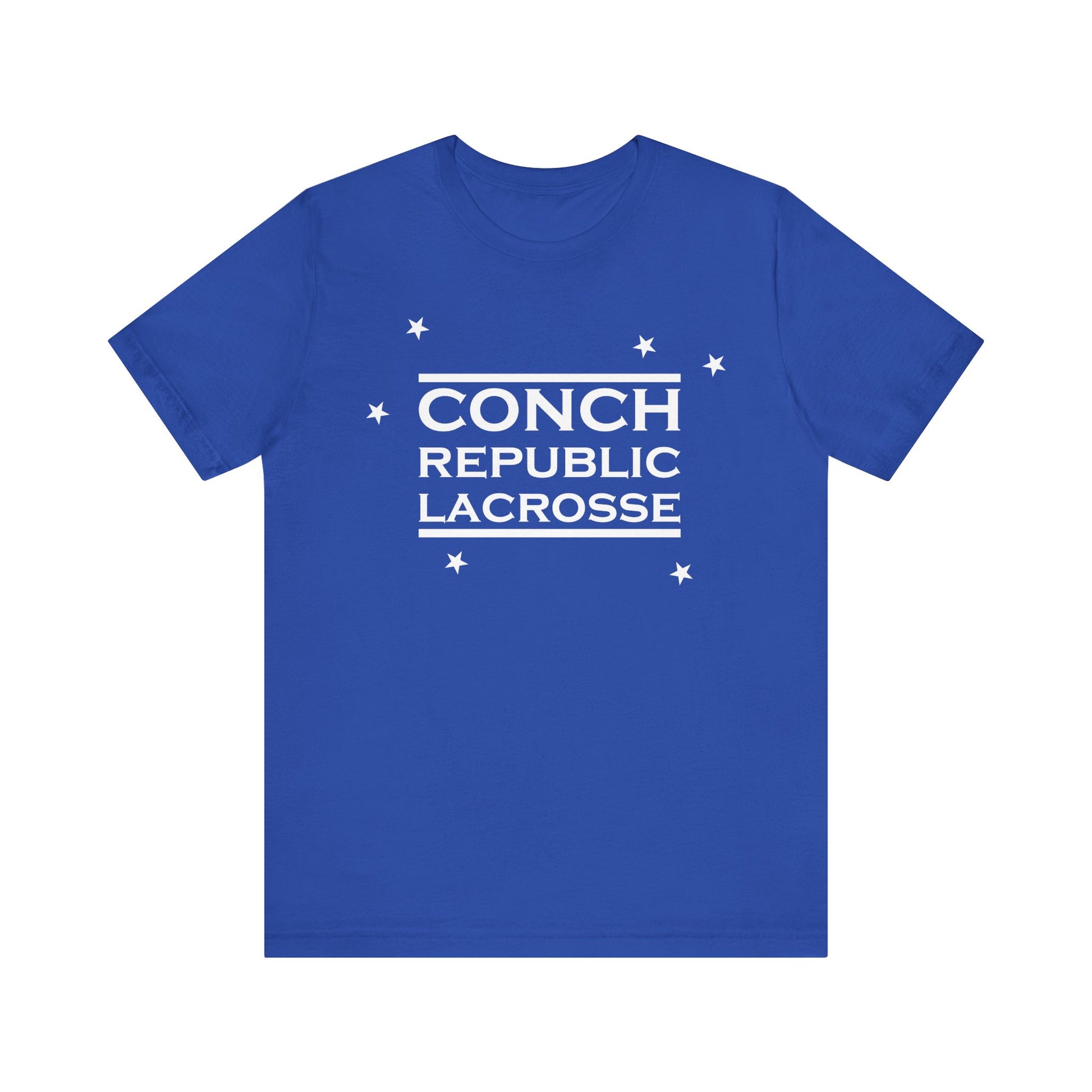 Blue t-shirt with 'Conch Republic Lacrosse' text on a white background