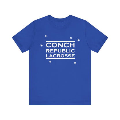 Blue t-shirt with 'Conch Republic Lacrosse' text on a white background