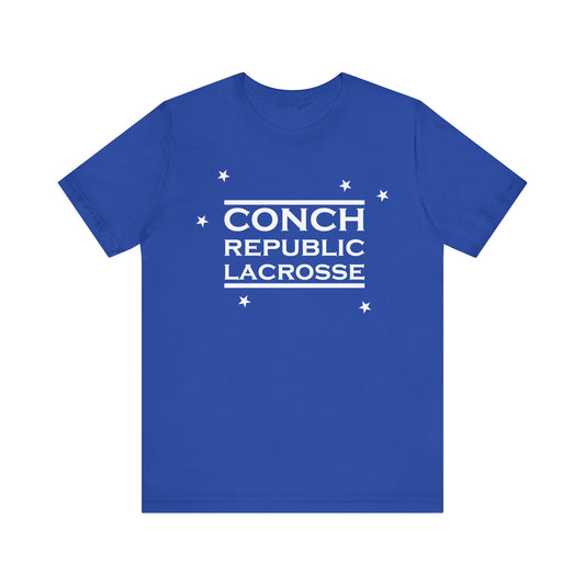 Blue t-shirt with 'Conch Republic Lacrosse' text on a white background