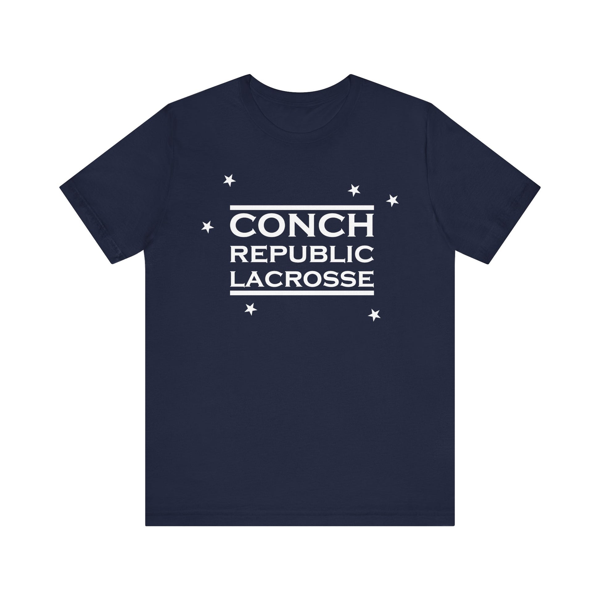 Navy blue t-shirt with 'Conch Republic Lacrosse' text on a white background