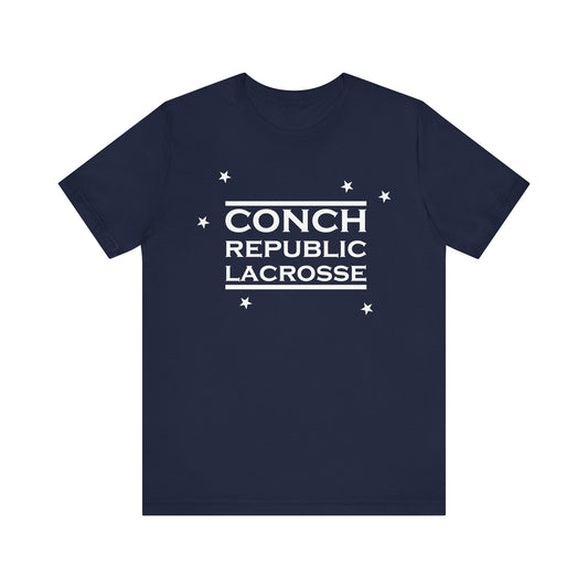 Navy blue t-shirt with 'Conch Republic Lacrosse' text on a white background