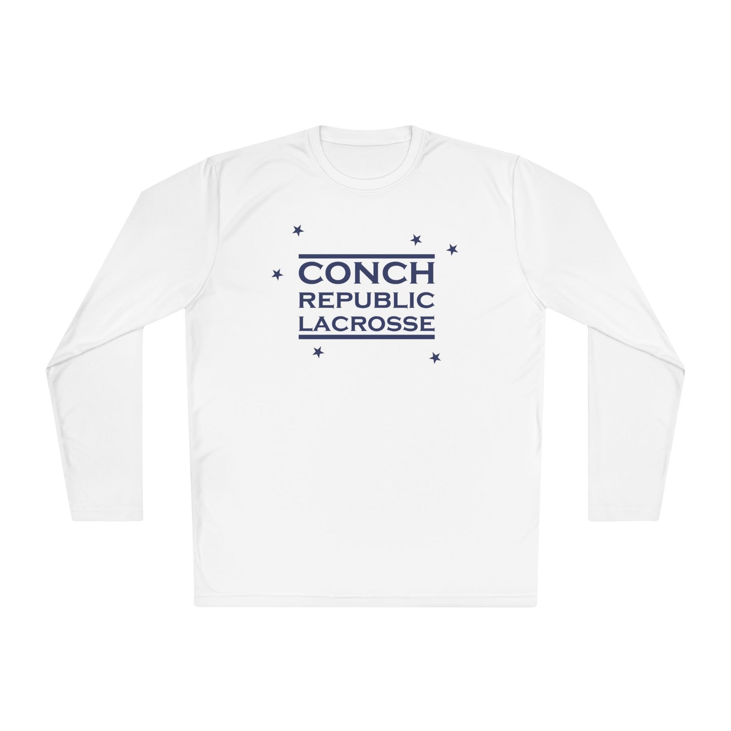 White long-sleeve shirt with 'Conch Republic Lacrosse' text on a white background