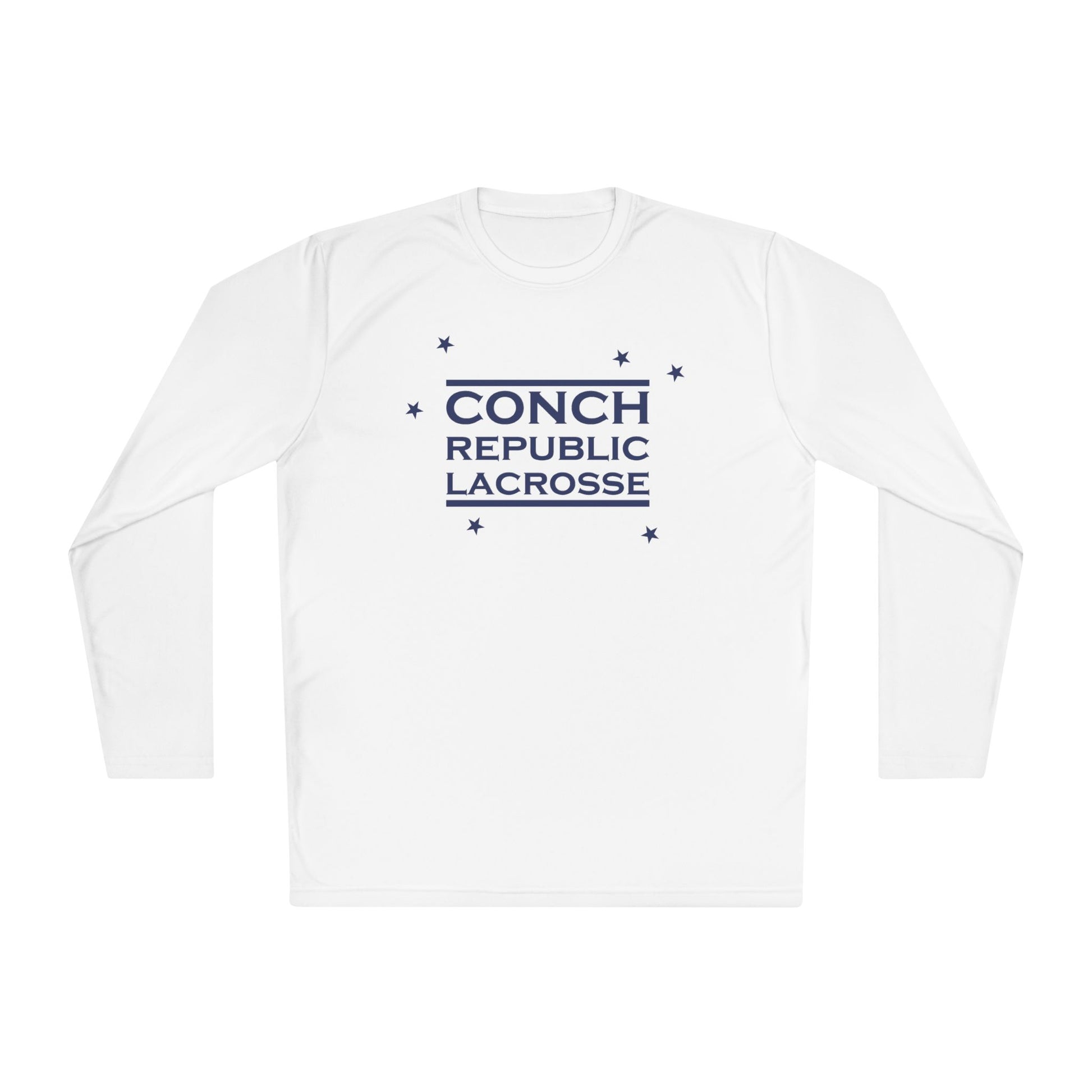 White long-sleeve shirt with 'Conch Republic Lacrosse' text on a white background