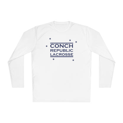 White long-sleeve shirt with 'Conch Republic Lacrosse' text on a white background
