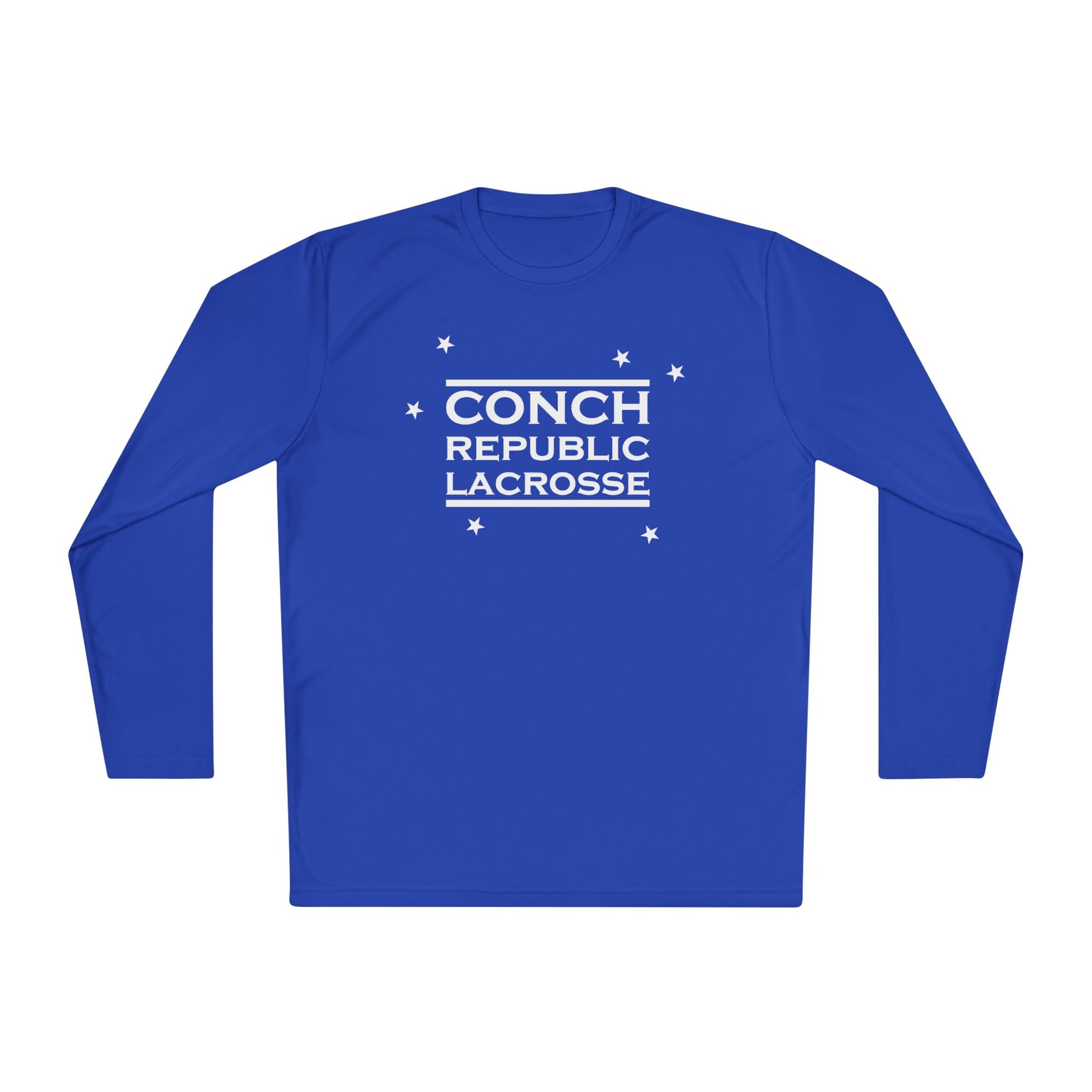 Blue long-sleeve shirt with 'Conch Republic Lacrosse' text on a white background
