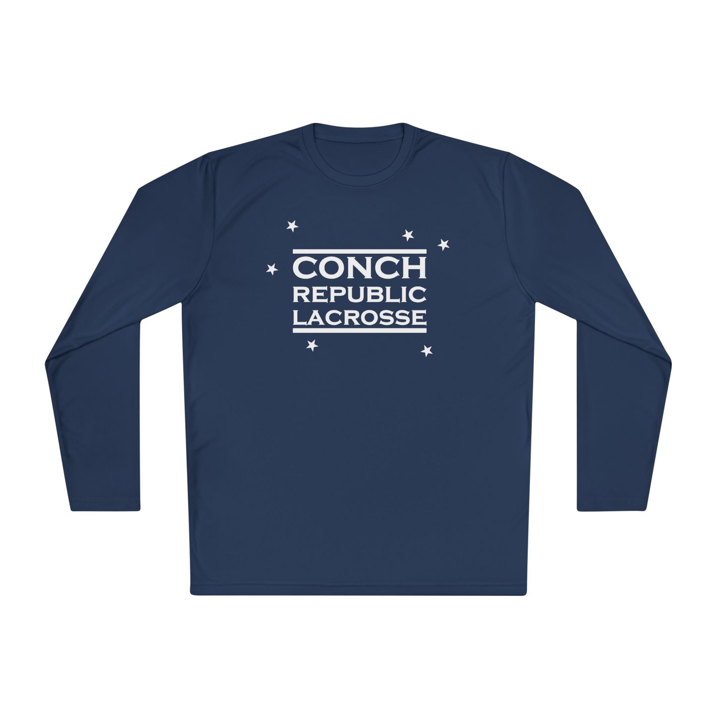 Navy long-sleeve shirt with 'Conch Republic Lacrosse' text on a white background