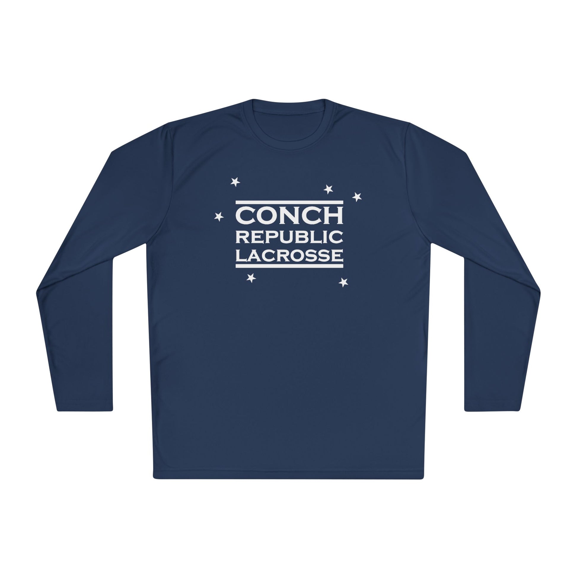 Navy long-sleeve shirt with 'Conch Republic Lacrosse' text on a white background