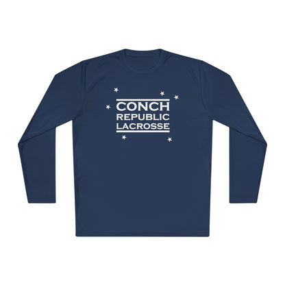 Navy long-sleeve shirt with 'Conch Republic Lacrosse' text on a white background