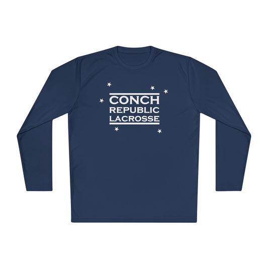 Navy long-sleeve shirt with 'Conch Republic Lacrosse' text on a white background