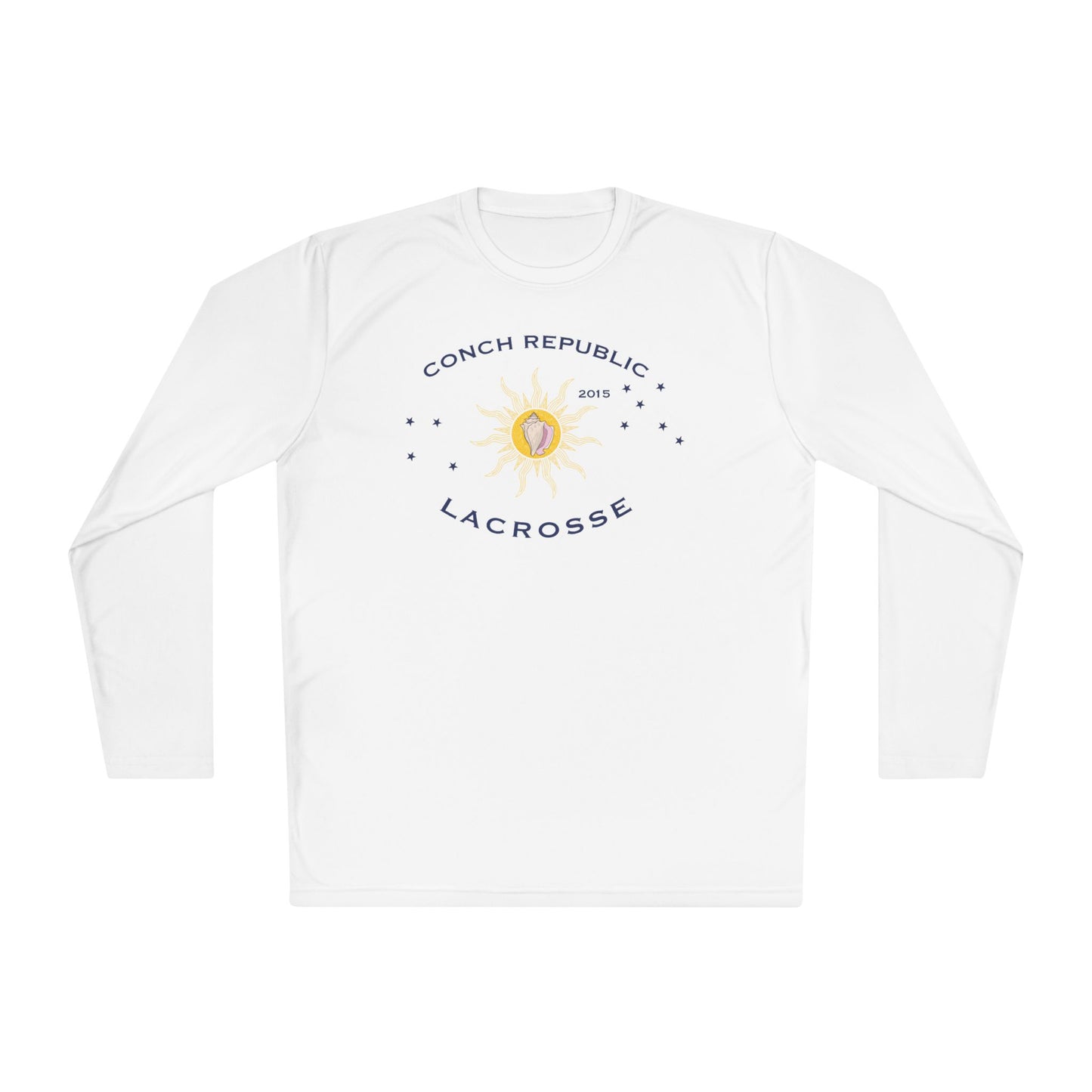 White long-sleeve shirt with Conch Republic Lacrosse logo on a white background