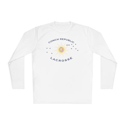 White long-sleeve shirt with Conch Republic Lacrosse logo on a white background