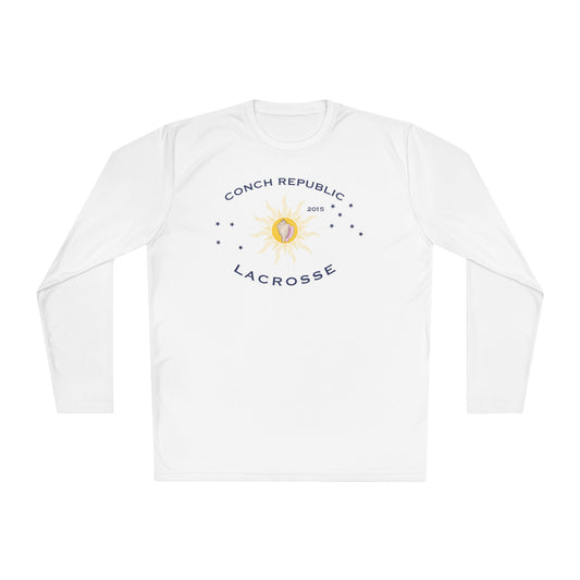White long-sleeve shirt with Conch Republic Lacrosse logo on a white background
