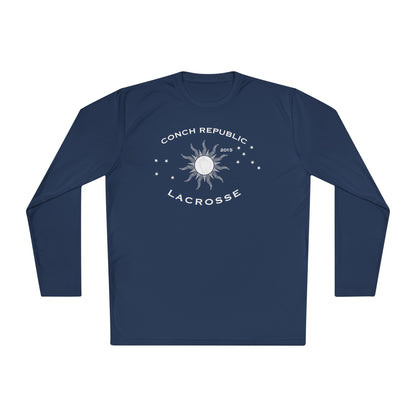 Navy blue long-sleeve shirt with white graphic and text on a white background