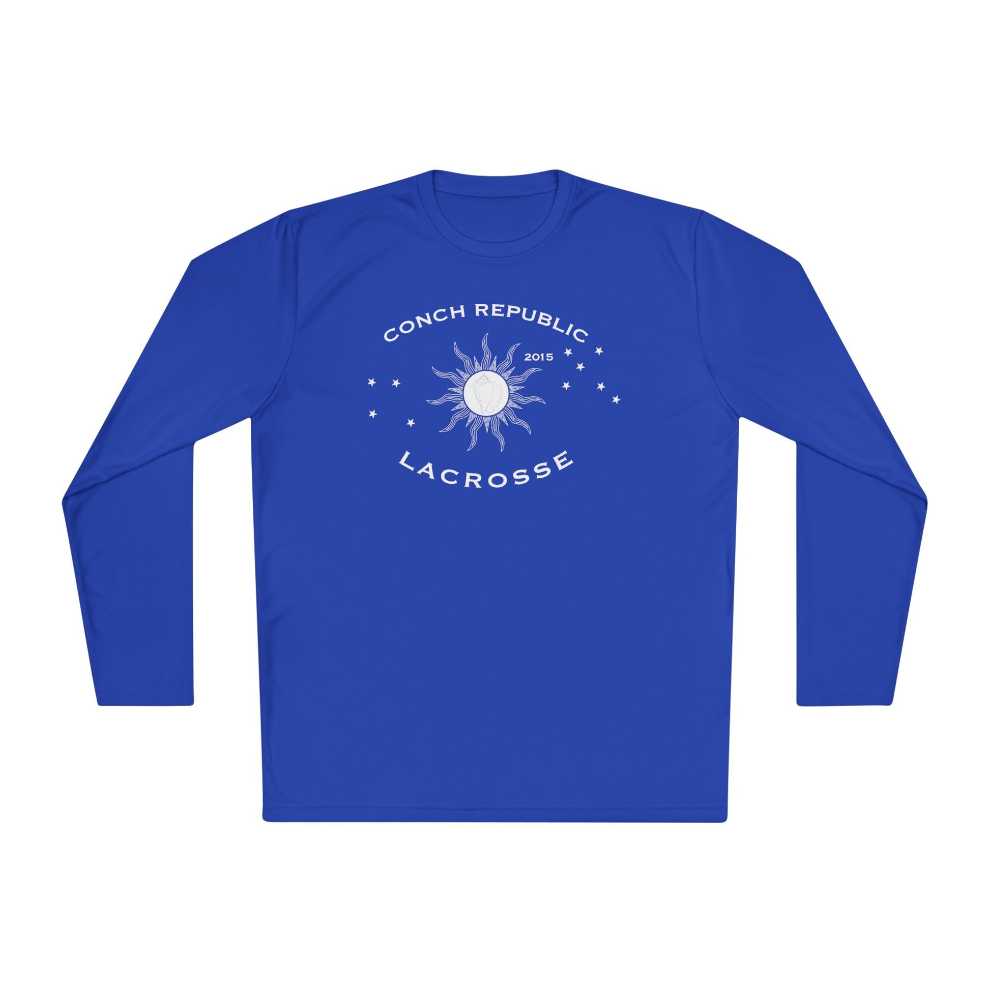 Blue long-sleeve shirt with white graphic and text on a white background