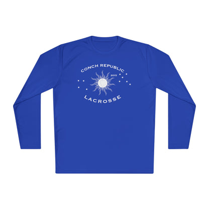 Blue long-sleeve shirt with white graphic and text on a white background