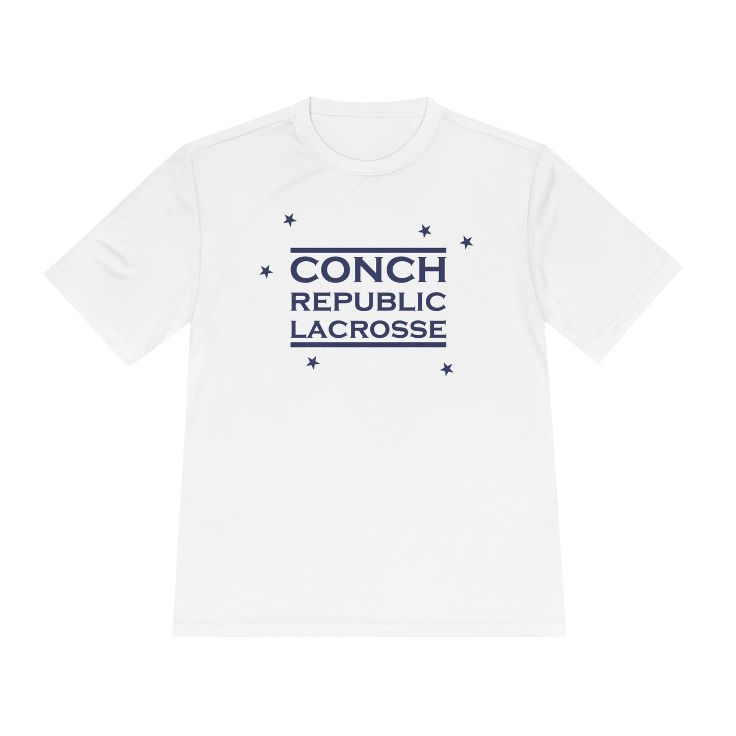 White t-shirt with 'Conch Republic Lacrosse' text on a white background
