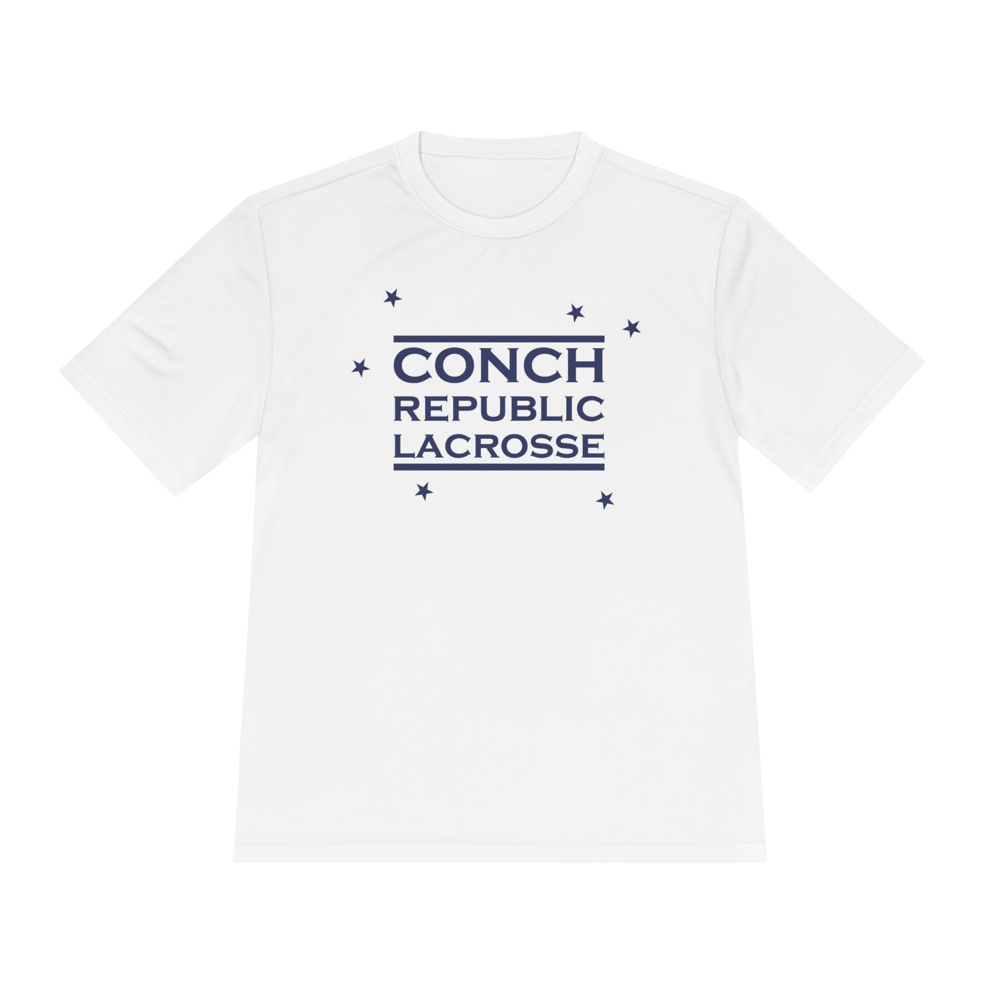 White t-shirt with 'Conch Republic Lacrosse' text on a white background