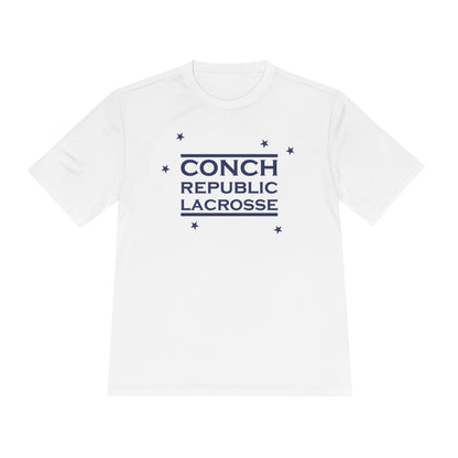 White t-shirt with 'Conch Republic Lacrosse' text on a white background