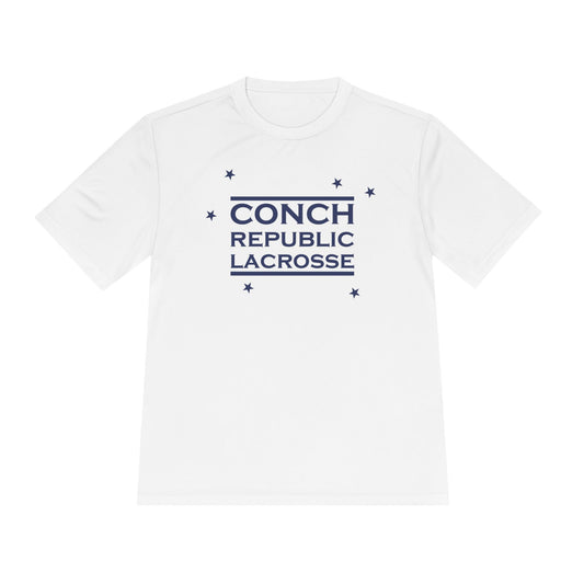 White t-shirt with 'Conch Republic Lacrosse' text on a white background