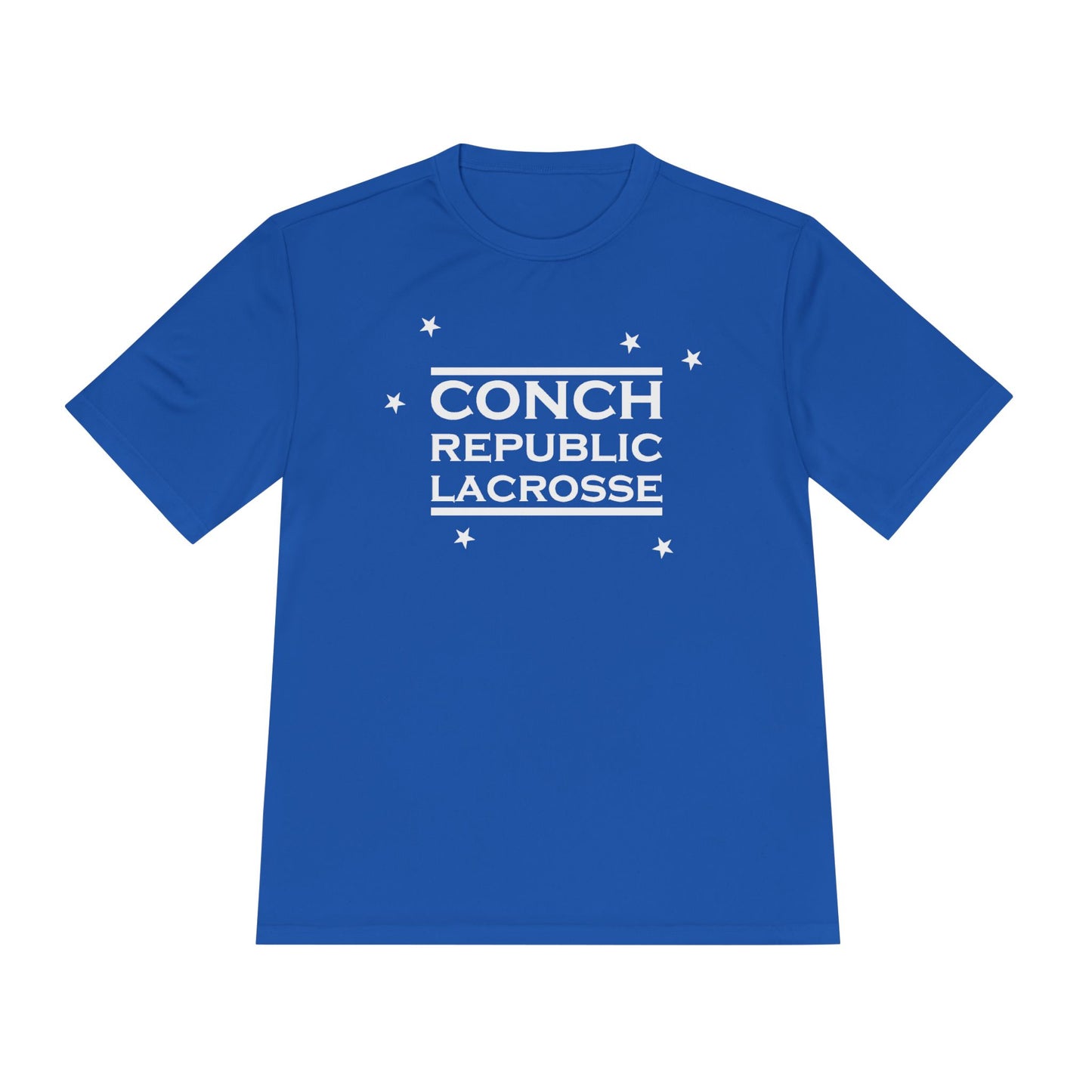 Blue t-shirt with 'Conch Republic Lacrosse' text on a white background