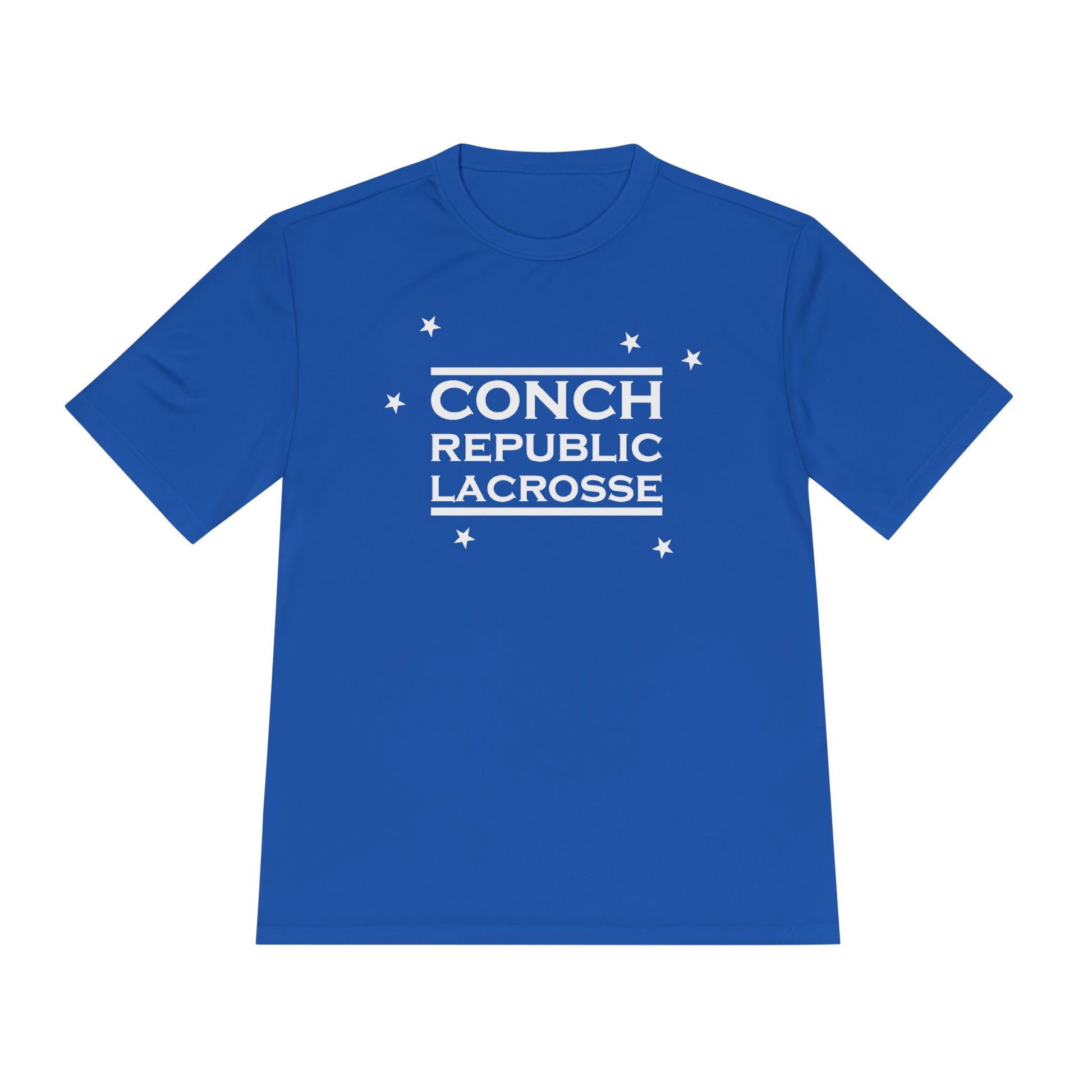 Blue t-shirt with 'Conch Republic Lacrosse' text on a white background