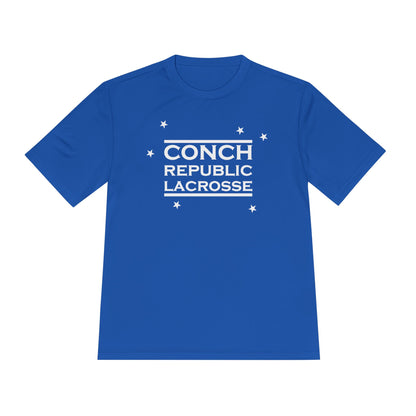 Blue t-shirt with 'Conch Republic Lacrosse' text on a white background
