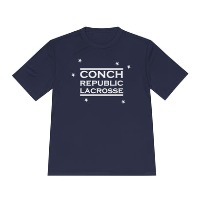 Navy blue t-shirt with 'Conch Republic Lacrosse' text on a white background
