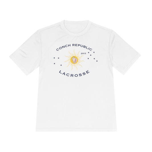 White t-shirt with lacrosse logo and text on a white background