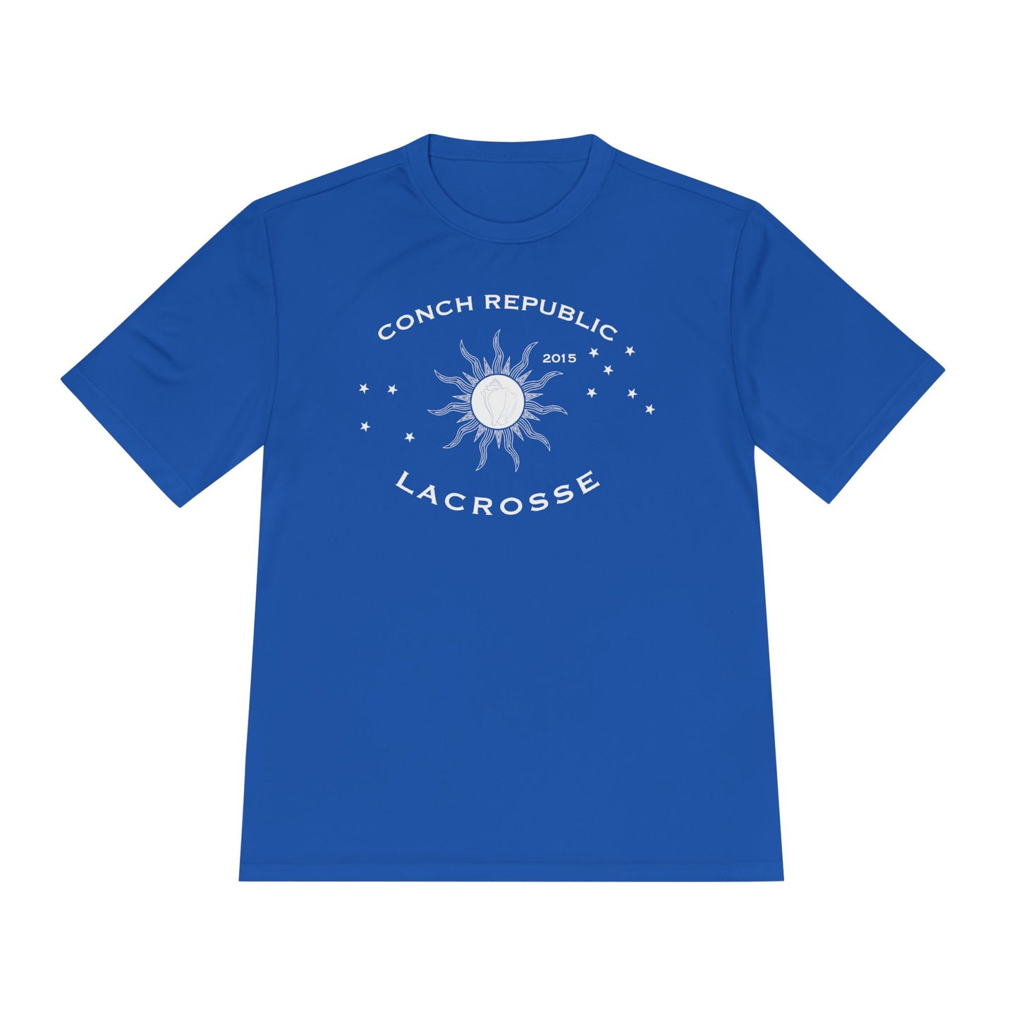Blue t-shirt with white graphic and text on a white background