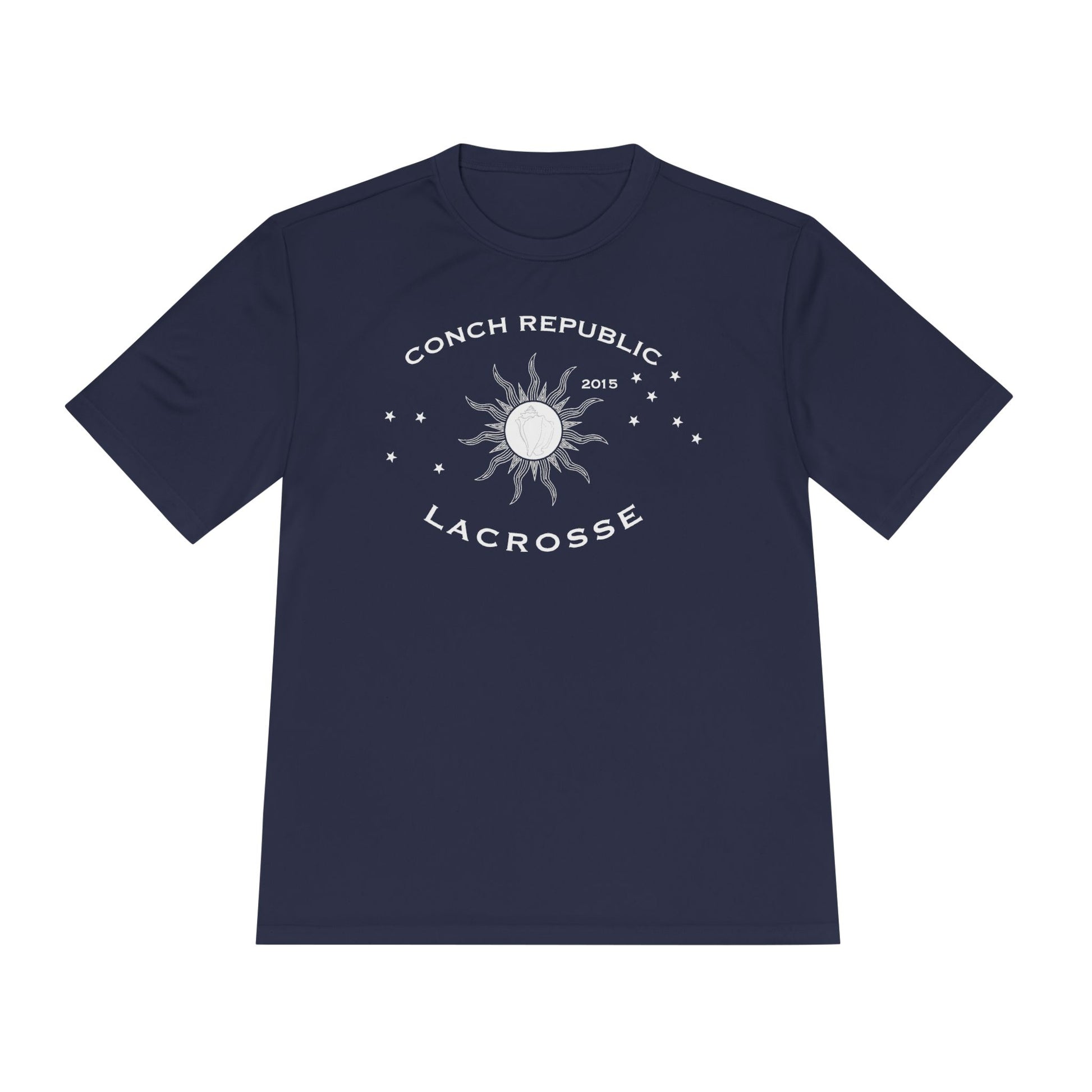 Navy blue t-shirt with 'Conch Republic Lacrosse' logo on a white background