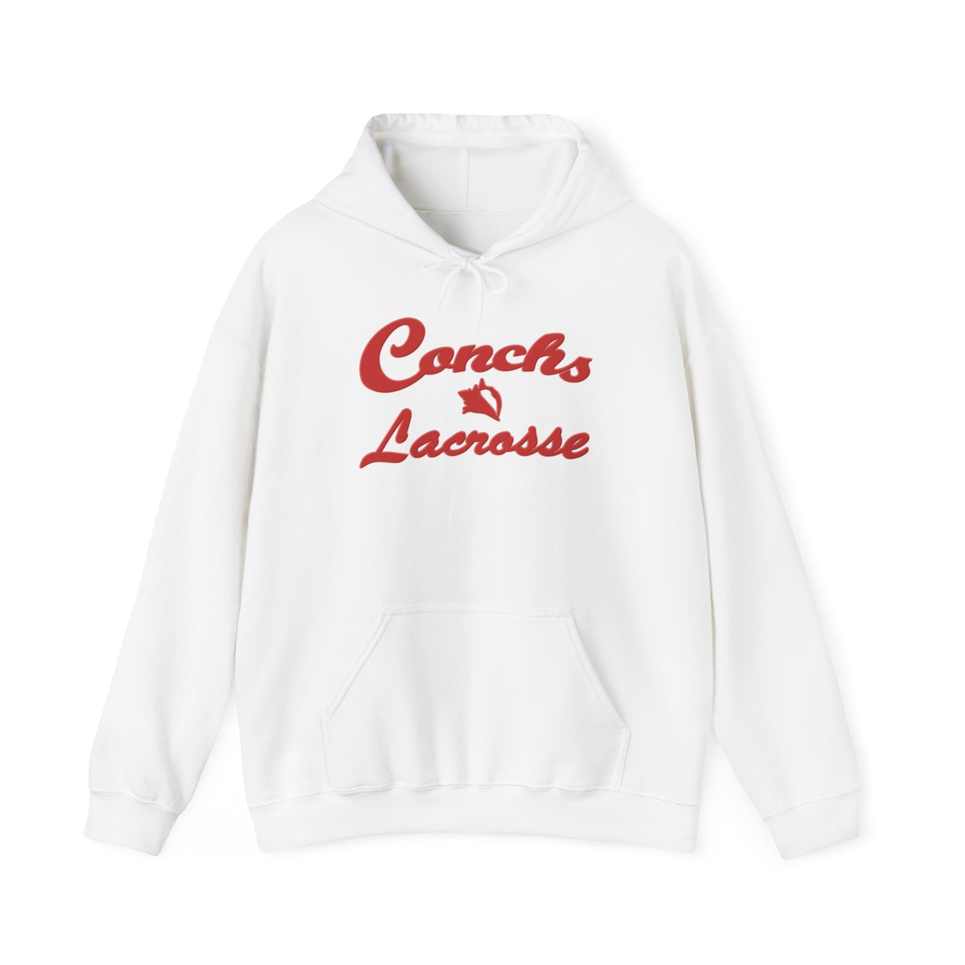 White hoodie with red 'Conchs Lacrosse' text on a white background
