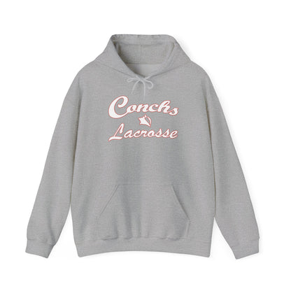 Gray hoodie with 'Conchs Lacrosse' text on a white background