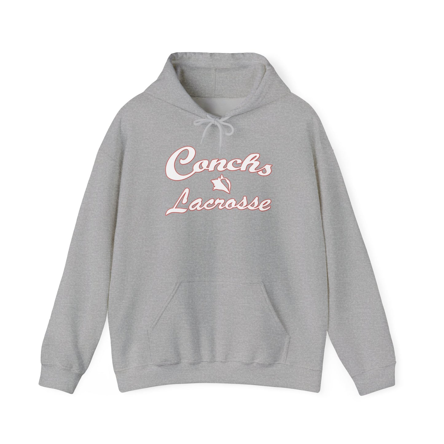 Gray hoodie with 'Conchs Lacrosse' text on a white background