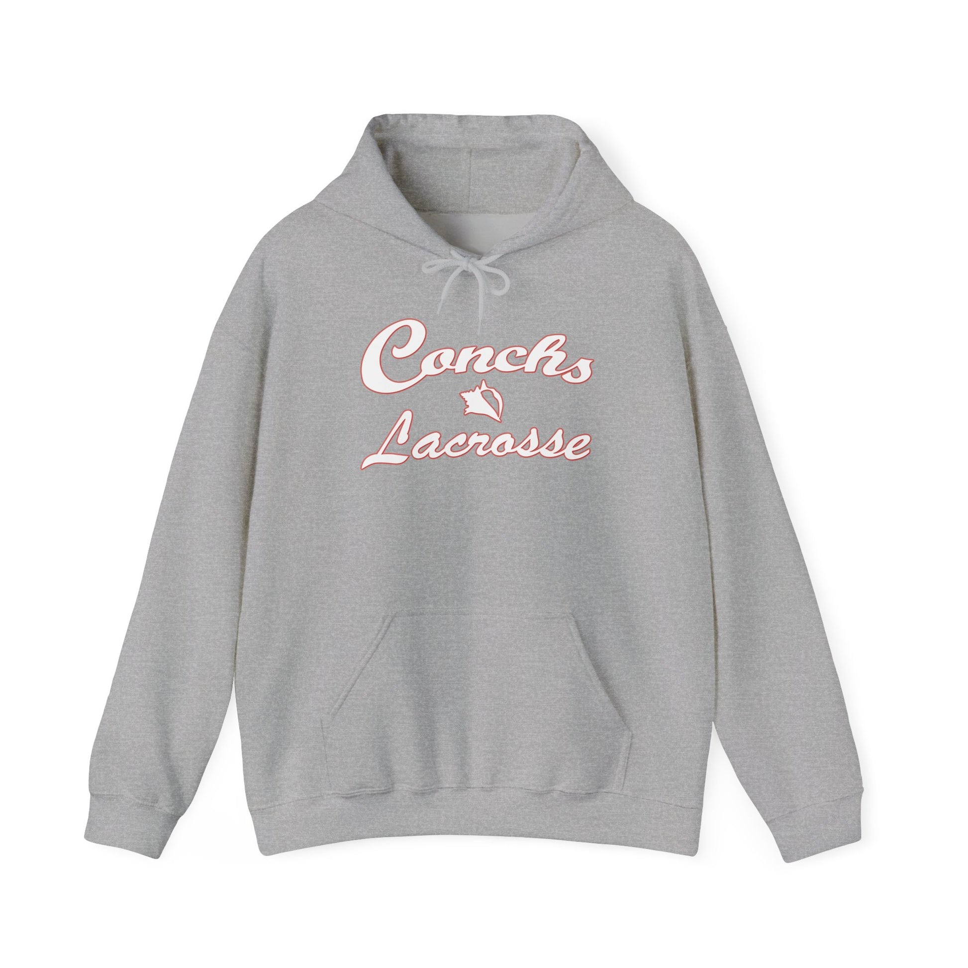Gray hoodie with 'Conchs Lacrosse' text on a white background