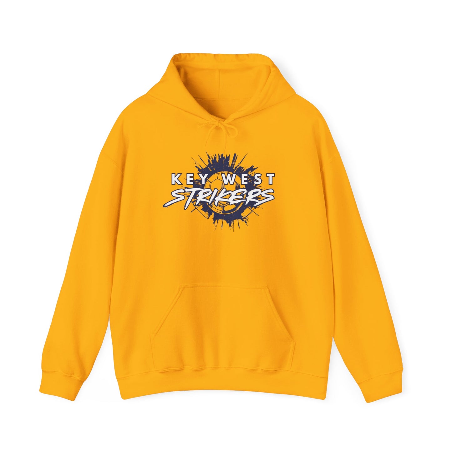 Yellow hoodie with 'Key West Strikers' logo on a white background
