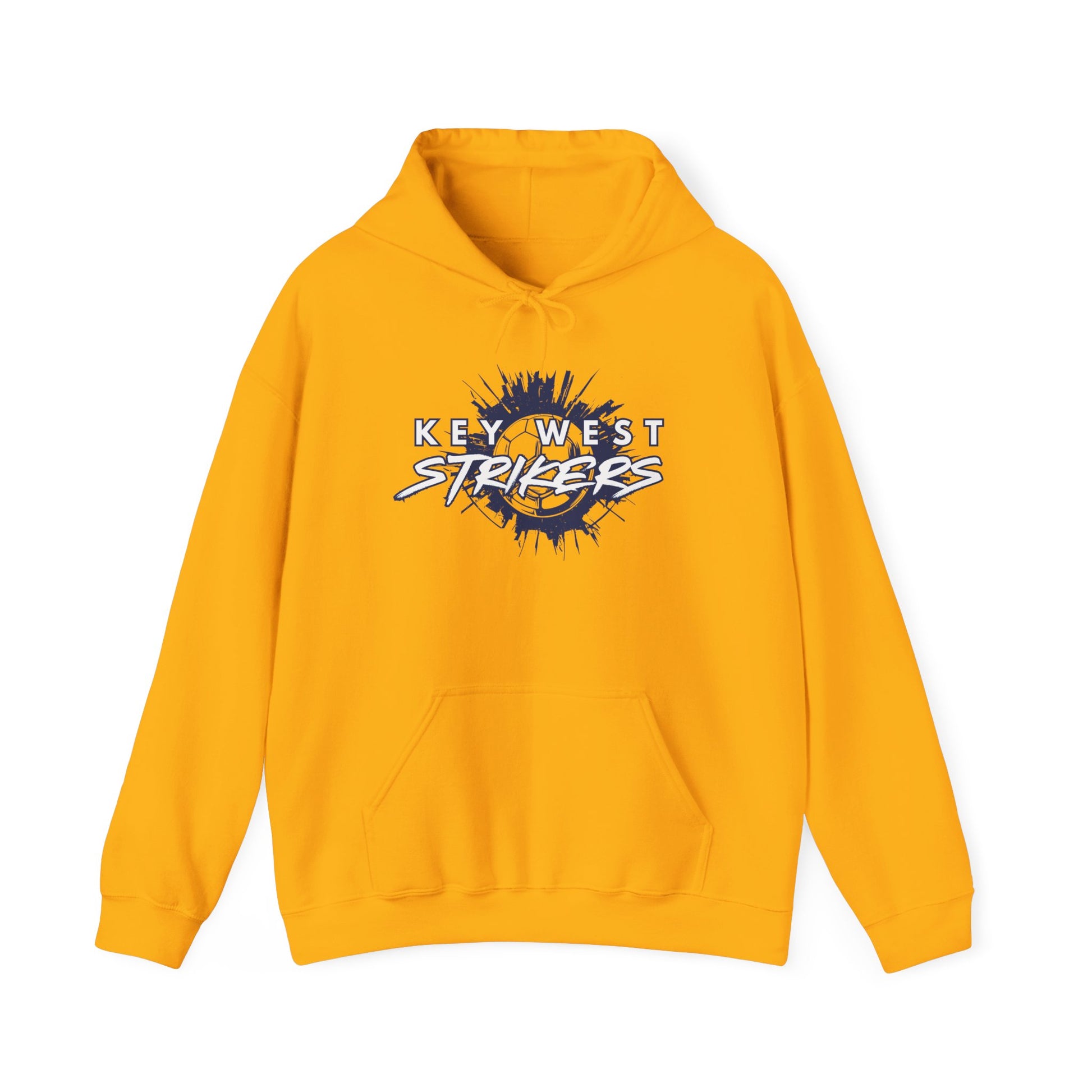 Yellow hoodie with 'Key West Strikers' logo on a white background