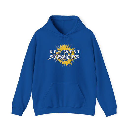 Blue hoodie with 'Key West Strikers' logo on a white background