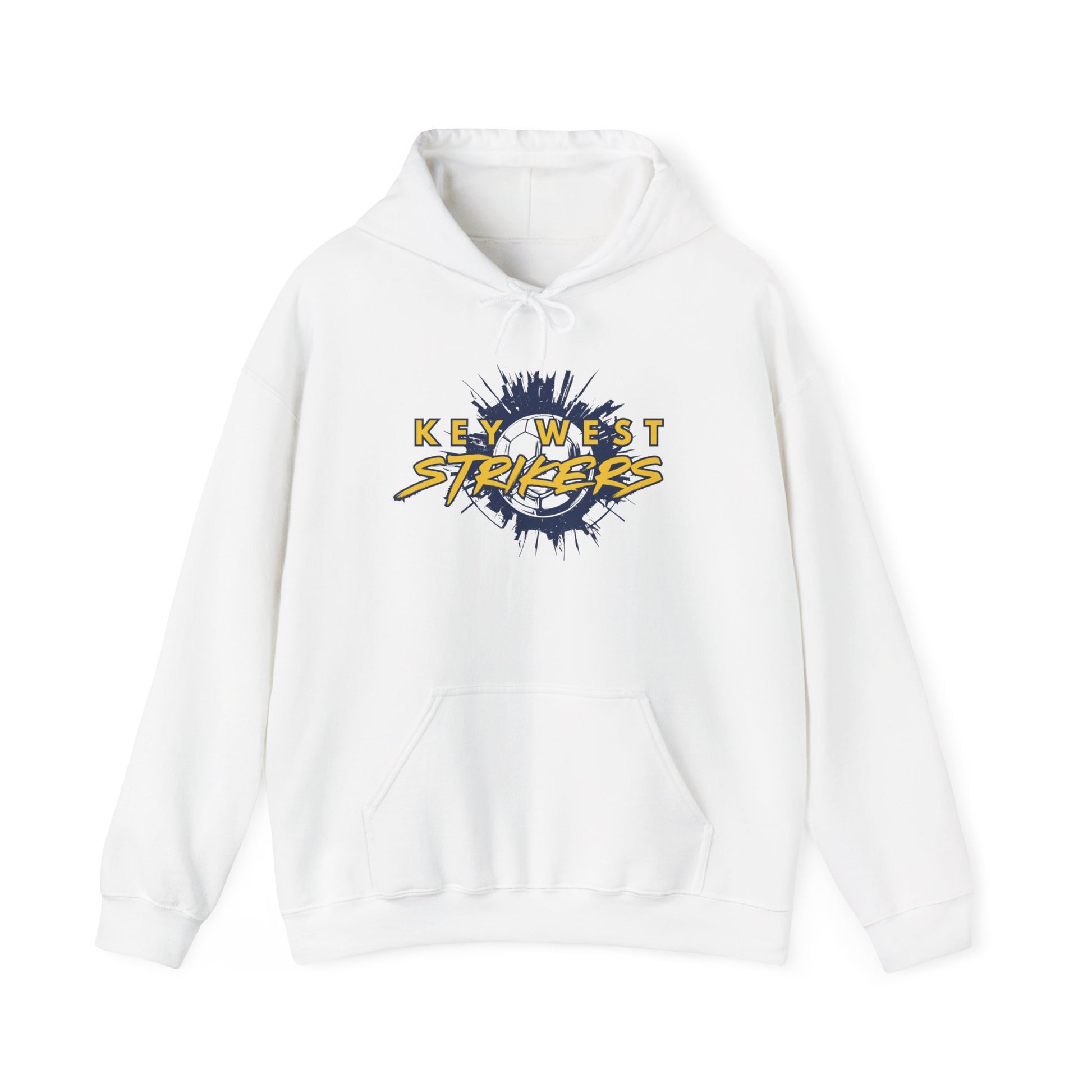 White hoodie with 'Key West Strikers' logo on a white background