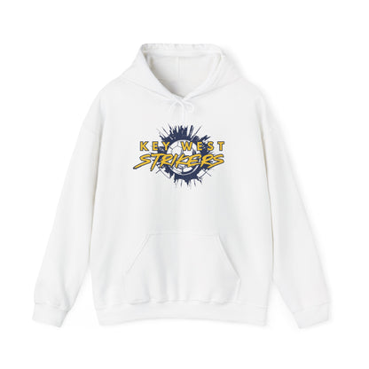 White hoodie with 'Key West Strikers' logo on a white background