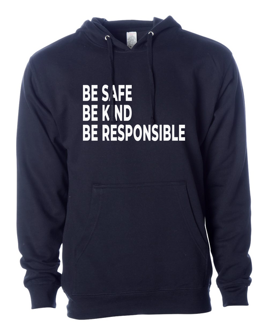 Navy Sigsbee Be Safe, Be Kind, Be Responsible pullover hoodie product mockup