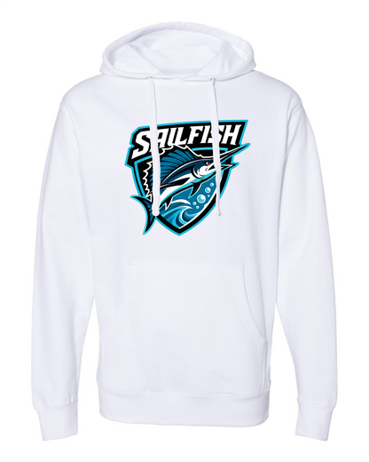 White Sigsbee Sailfish Shield pullover hoodie product mockup