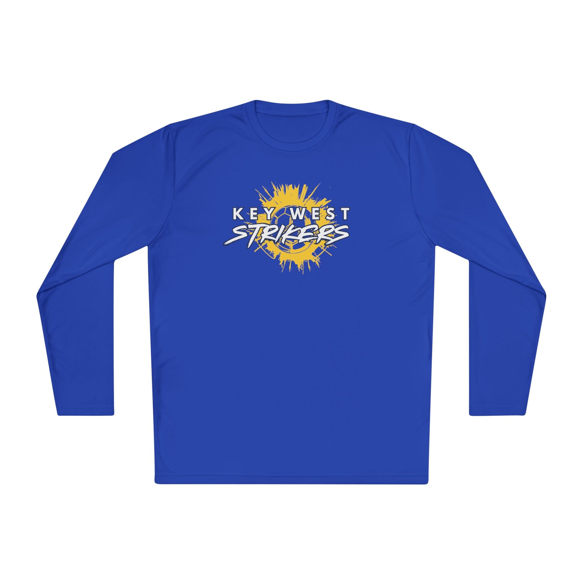 Blue long-sleeve shirt with 'Key West Strikers' logo on a white background