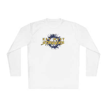 White long-sleeve shirt with 'Key West Strikers' logo on a white background