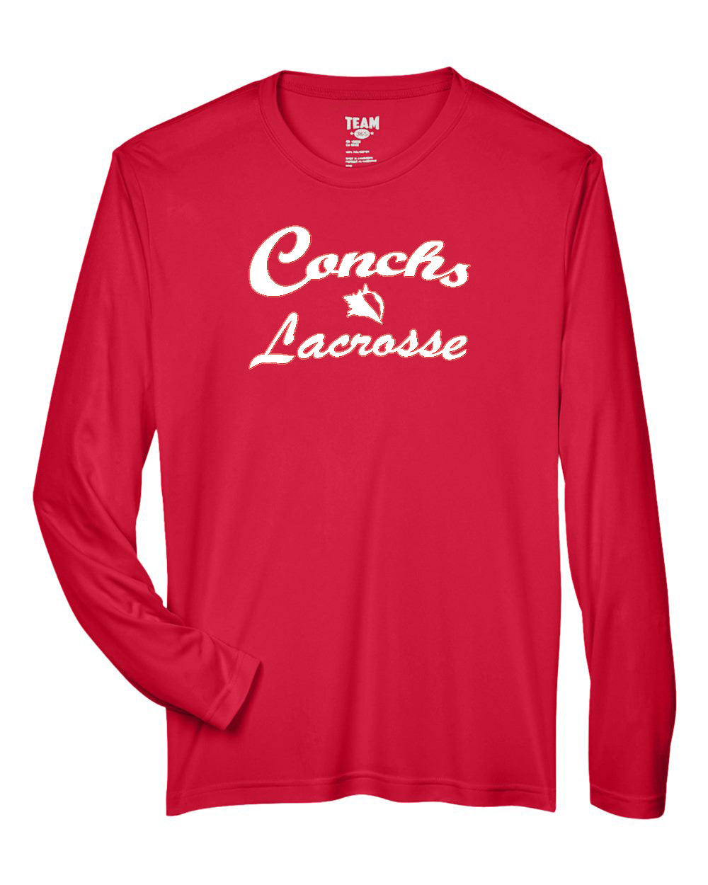 Red long-sleeve shirt with 'Conchs Lacrosse' text on a white background
